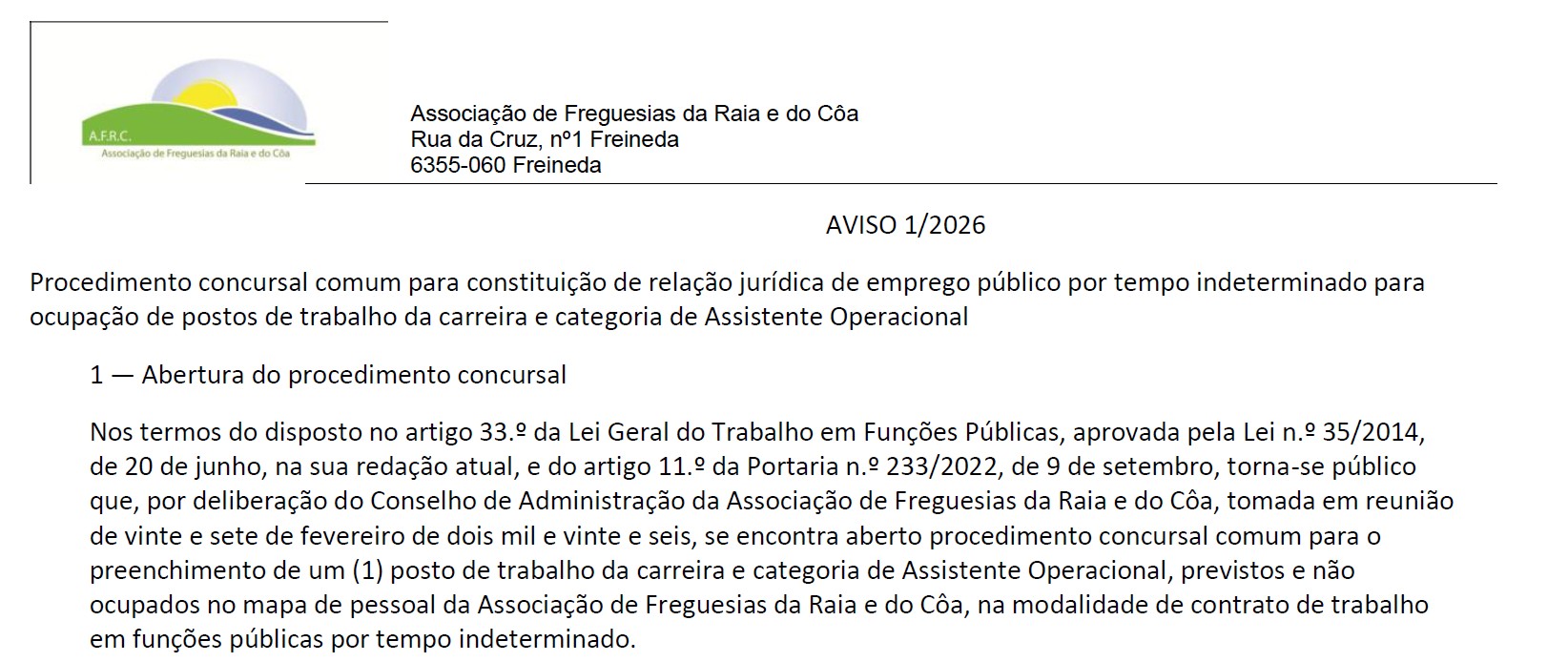Notícia AVISO 1/2026 - Procedimento concursal comum para constituição de relação jurídica de emprego público por tempo indeterminado para ocupação de postos de trabalho da carreira e categoria de Assistente Operacional